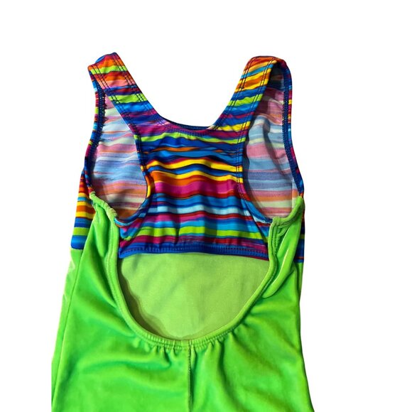 Motionwear Gymnastics Shortall Leotard Girls 8-10 Green Velvet Rainbow Stripe - Picture 12 of 13
